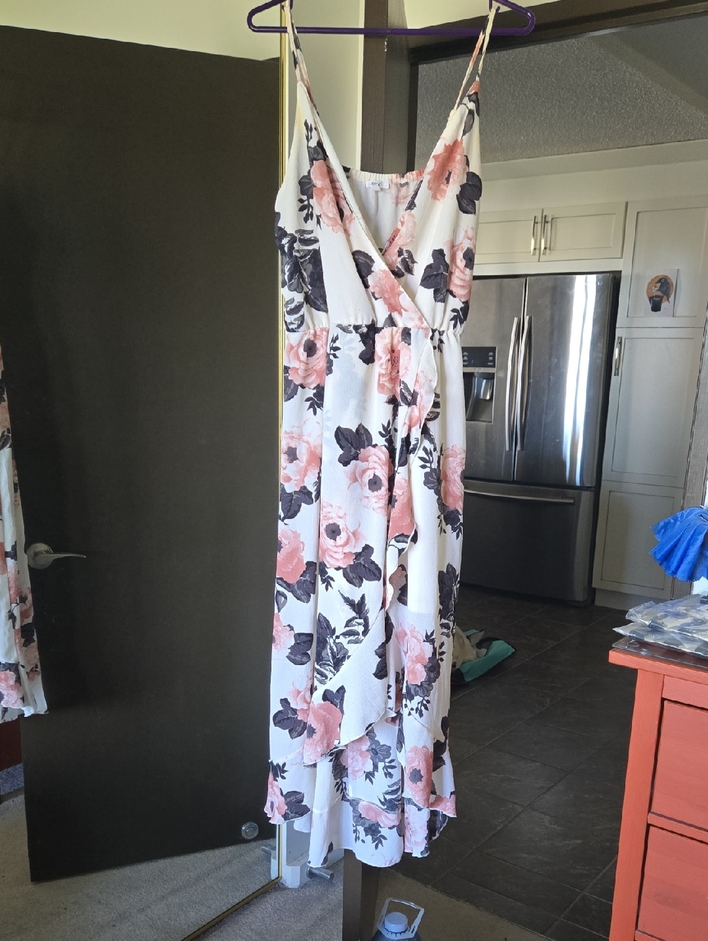 White Floral Wrap Maxi Dress with Pink Roses